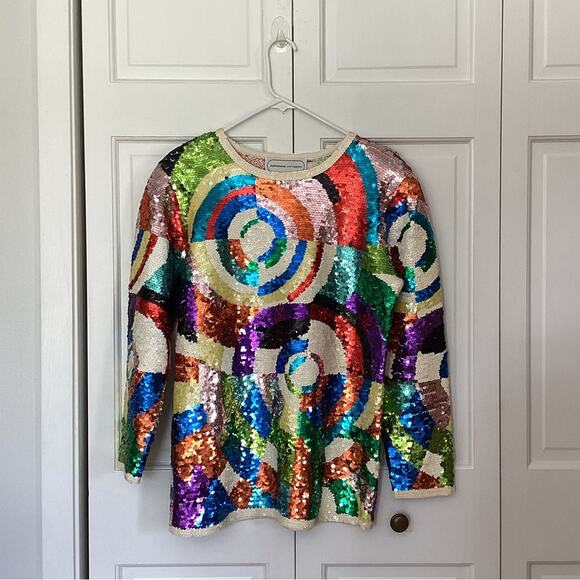 VTG 90s Adrianne Vitadini Sequins Multi Color Retro Rainbow Maxamalist Shirt M - Picture 5 of 6